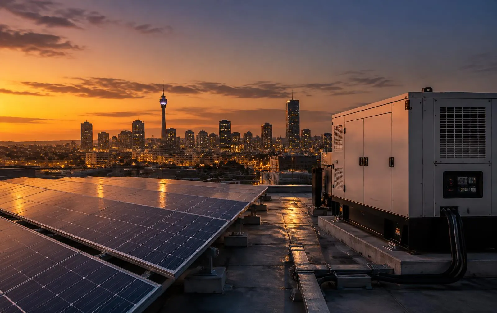Solar array and standby generator over the Johannesburg skyline at dusk